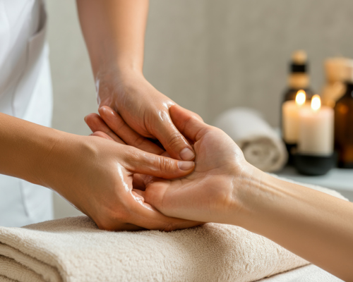 two hands receiving a professional massage with soothing oils in a relaxing spa setting ideal for wellness therapy sessions